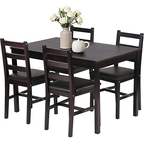 FDW | 5-Piece Solid Wood Dining Table Set for 4 | Brown | Space-Saving Design | Smooth Easy-to-Clean Surface | Pine Kitchen Table with Upholstered Chairs | for Dining Room, Apartment, Restaurant