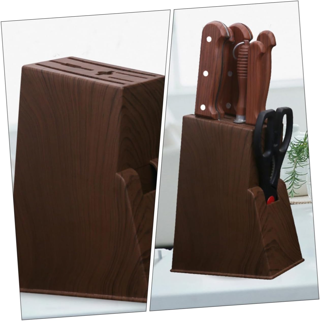 Garneck 2pcs Kitchen Knives Storage Block Plastic Knife Holder Wood Grain Design Space Saver Organizer for Kitchen Dishwasher Safe