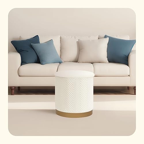 Miniatura 2 de PINPLUS Otomana otomana redonda de terciopelo con base chapada en oro y bandeja de terciopelo extraíble para sala de estar, dormitorio, blanco, 16.7