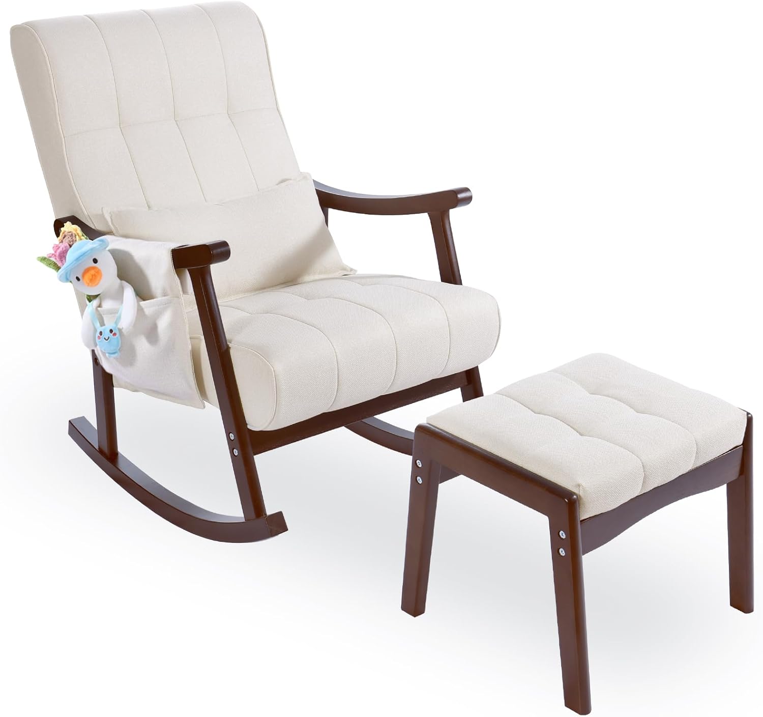 NOBLEMOOD Upholstered Rocking Chair with Ottoman, Modern Indoor Nursery Glider Rocker Chair, Solid Wood High Back Armchair with Fabric Padded Seat for Living Room Bedroom