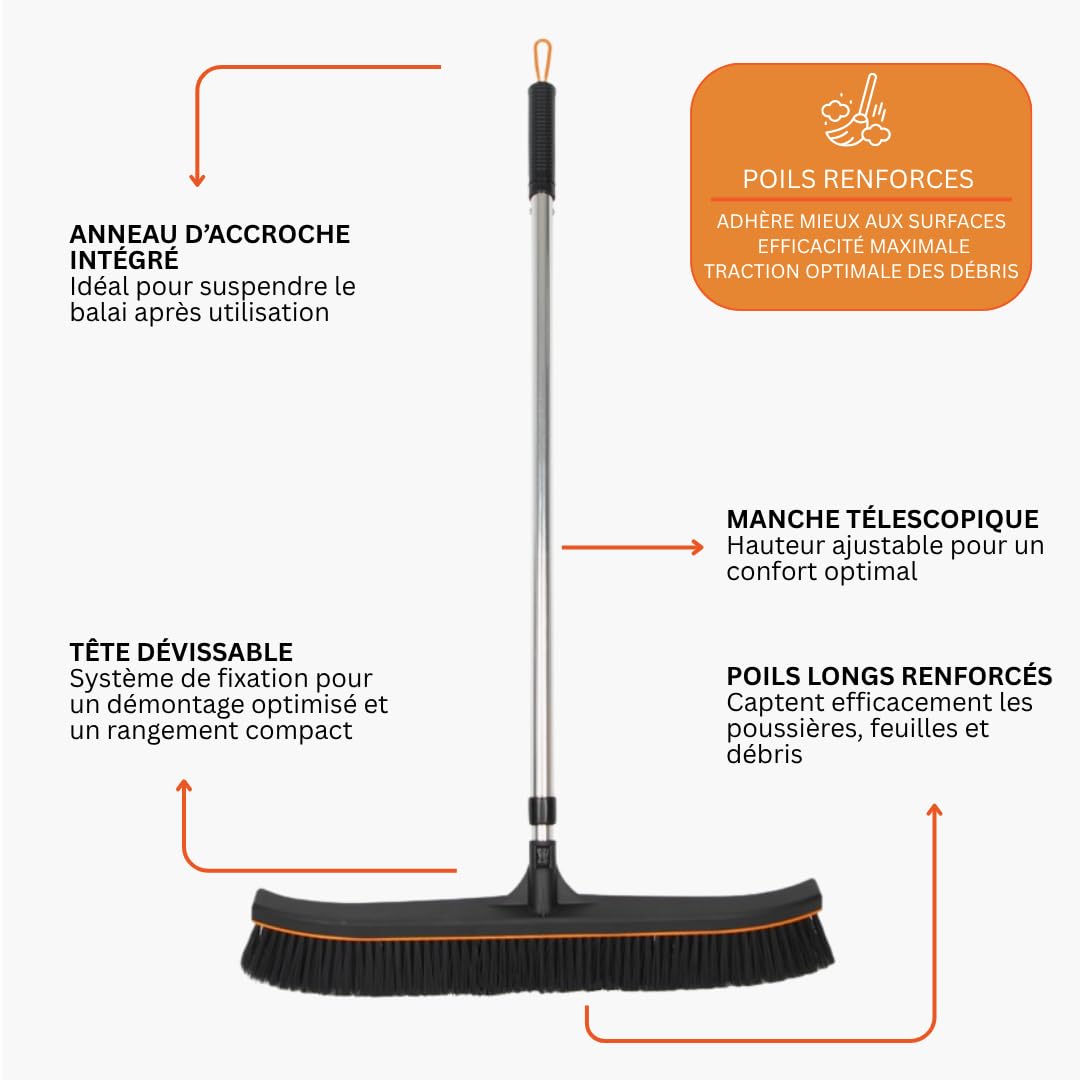 Le Balai du Pro VENTEO - Scopa spazzola per pavimento duro esterno, manico telescopico fino a 176 cm, testa di scopa XXL, scopa da giardino, terrazza, balcone, garage
