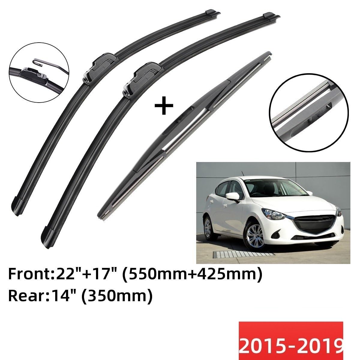 Per Mazda 2 per Demio DJ 2015-2019 Kit spazzole tergicristallo anteriori e posteriori per parabrezza, 26"16"14"