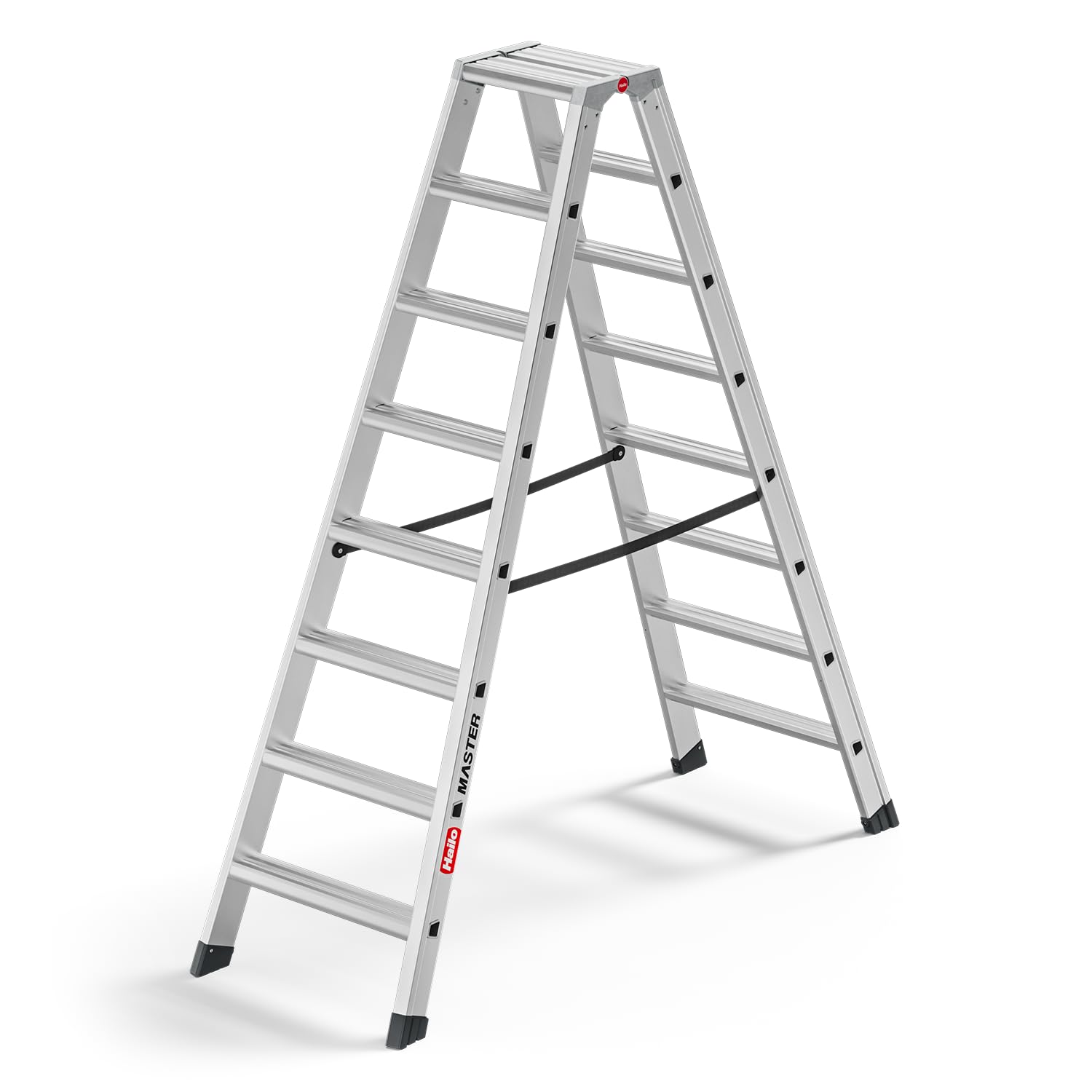 Hailo Master D100 Aluminium Doppelstufenleiter – beidseitig begehbare Stufenleiter - breite Rutschhemmende Stufen - große Abstellfläche - 2 x 8 Stufen - EN 131 geprüft - belastbar bis 150 kg