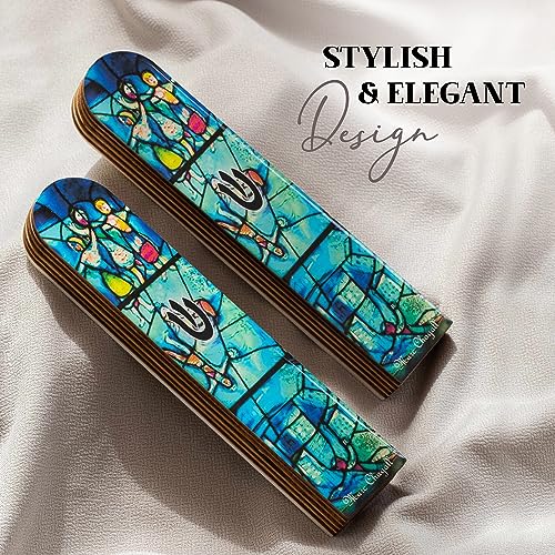 Image of SURI Wooden Mezuzah for Door - 5 Inch Contemporary Turquoise Chagall-Inspired Mezuzzah Case with Printed Scroll, Self-Stick Adhesive, Fits a 4 Inch Scroll, Gift Box Include