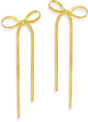 Gold Silver Bow Dangle Drop Tassel Earrings for Women Statement Elegant Long Chain Dangly Ribbon Fringe Waterfall Dangling Wedding Prom Fashion Bridal Jewelry Gift