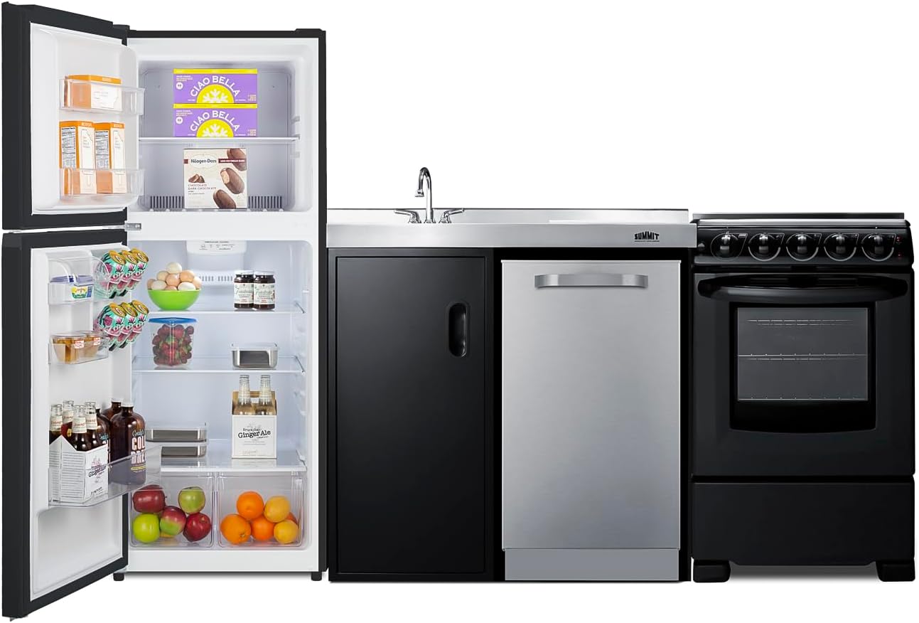 Summit 80" All-in-One Kitchenette, Full Sized Refrigerator-Freezer, Dishwasher, 4-Burner Electric Range, Sink - ACK80HT