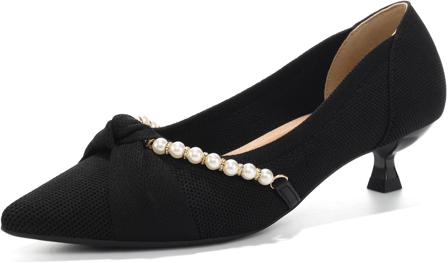 HROYL Women's Knit Pumps Kitten Heel Pointed Toe Comfortable Party Work Bow Dress Shoes