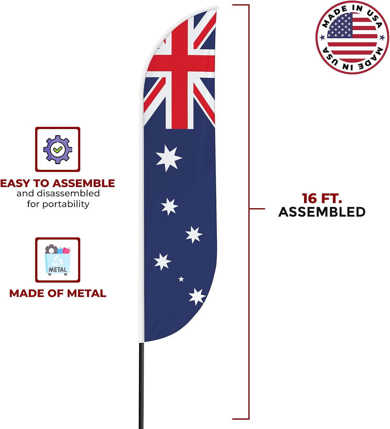 Australia Sign feather flag Pole Kit for Outdoor by Mavis Printing|15 FEET Long Polyester Outdoor Banner Flag Stand for Easy Hang |HD Print Swooper Flag Pole Mount to Advertise Australia