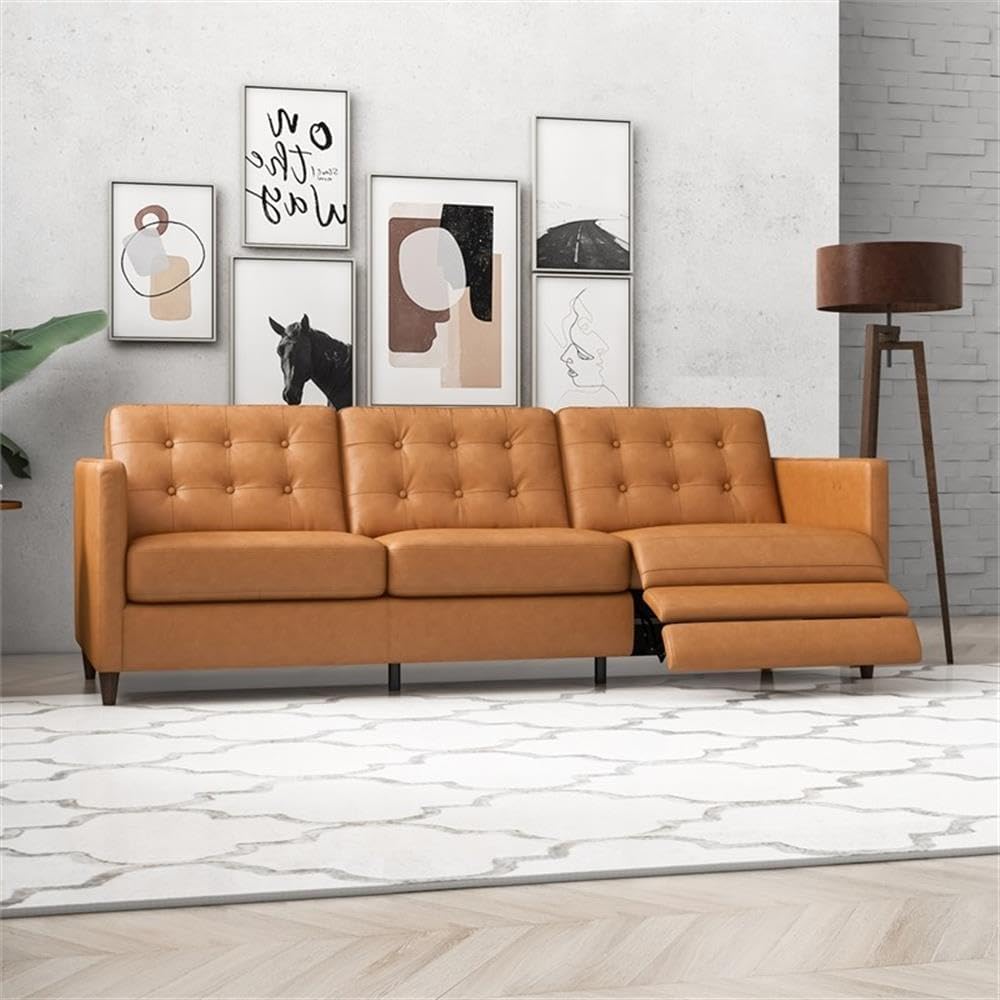 ASHCROFT Lewis Mid-Century Tufted Back Genuine Leather Right-Facing Recliner Sofa Tan
