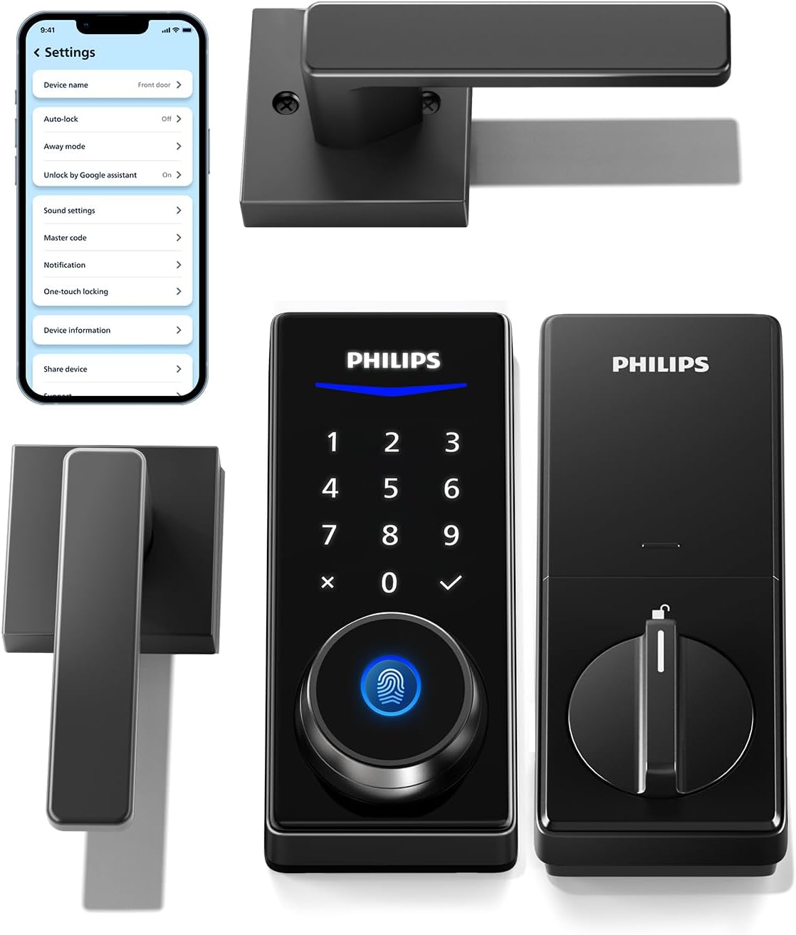 Philips Smart Lock with Handles, Keyless Entry Door Lock Set, Keypad Door Lock with 2 Level Handles, Digital Keypad Deadbolt for Front Door, App Fingerprint PIN Code Unlocking, Auto Locking