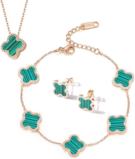 FARONG Fashionable Four-Leaf Clover Jewelry Set,Women Titanium Steel Necklace Stud Earrings Bracelet Set Dainty Enamel Jewelry Set for Teen Girls Women (Green)