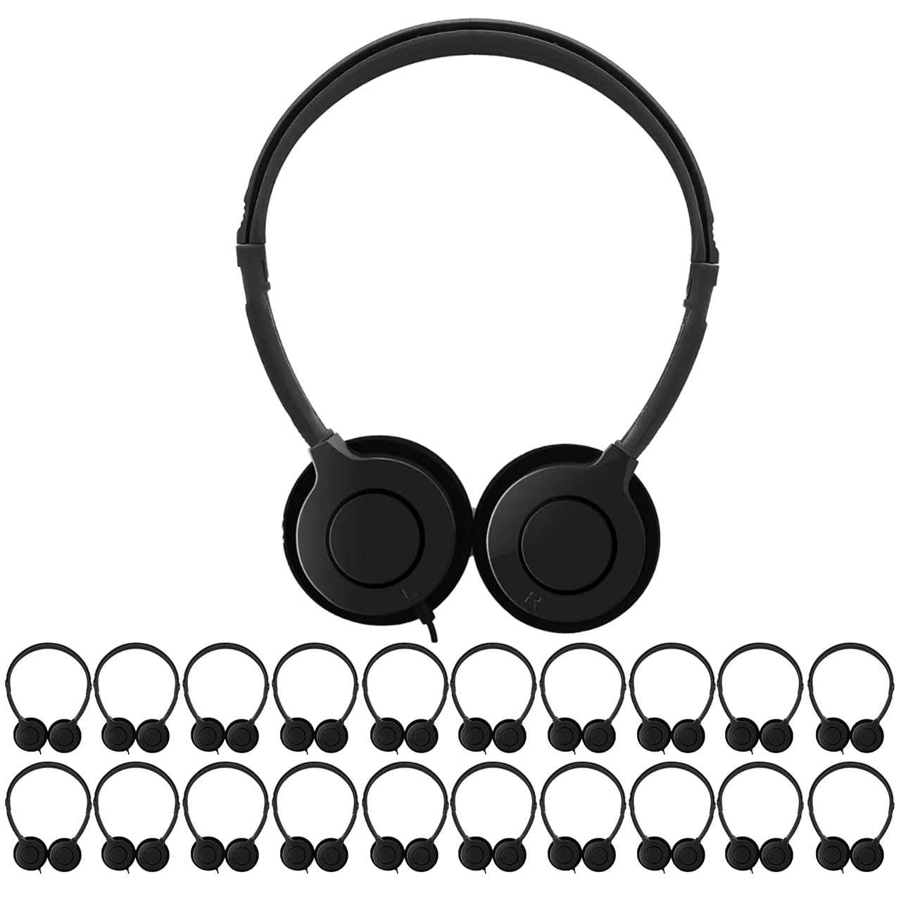 Confezione da 20 cuffie per bambini, studenti, scuola, aula | Auricolari regolabili, jack da 3,5 mm, colore nero, per biblioteca bambini e adulti