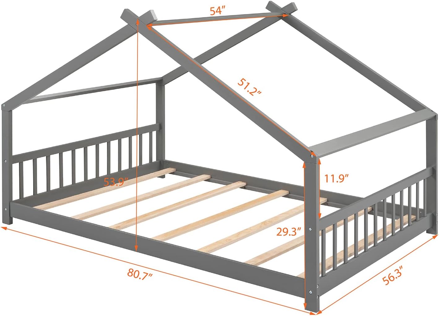 Bellemave Full House Beds Wood Montessori Bed Frame Floor Bed Kids Platform Bed with Headboard & Footboard, No Box Spring Needed (Grey)