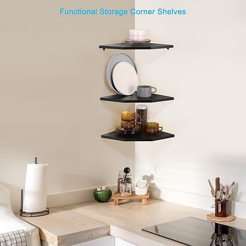 Miniatura 6 de Estantes esquineros de pared, estantes flotantes de esquina de madera con canaleta para cables, exhibición de almacenamiento de montaje en pared