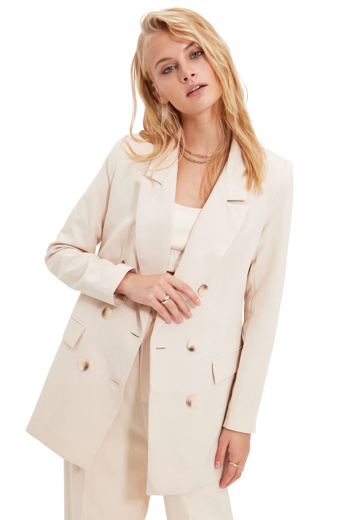 Trendyol Damen Beige Übergroße Blazerjacke Mit Knopf Übergroße Blazerjacke Mit Knopf Trend, 36