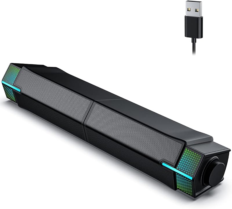 Jeecoo M20 parlantes Bluetooth para computadora para monitor de escritorio de PC, barra de sonido para PC para juegos - Alimentado por USB con cable, excelente sonido estéreo, con iluminación RGB degradada - Combinar/separar para personalizar su escritorio | Barra de sonido para PC para juegos, alimentada por USB con cable y parlante con iluminación RGB degradada, combina/separa tu escritorio
