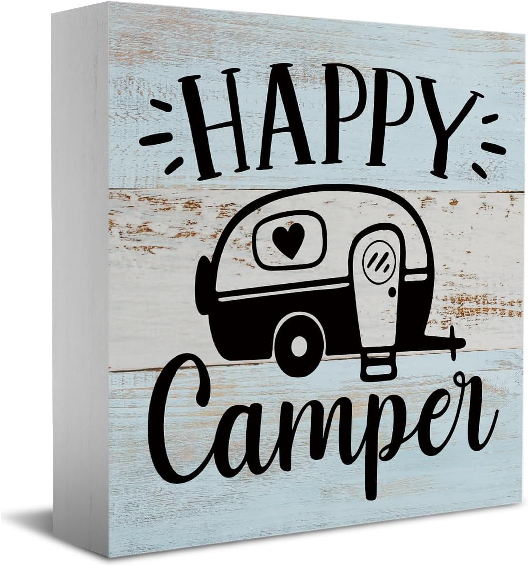 Happy Camper Box Sign 5x5 Inch Rustic Wood Tabletop Decor