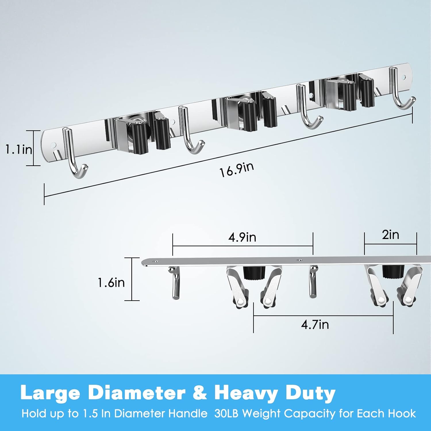2 Pack Mop and Broom Holder Wall Mount, CVWCVBN Broom Organizer Wall Mount, Stainless Steel Broom Holder, Heavy Duty Tool Organizer, Mop Holder with 3 Racks and 4 Hooks for Home Kitchen Garden Laundry : Tools & Home Improvement