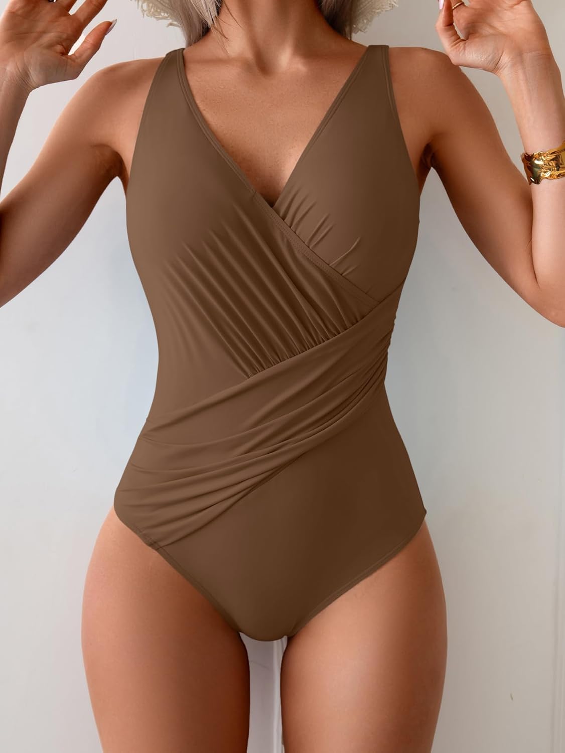 Eomenie One Piece Swimsuit for Women Tummy Control Bathing Suit V Neck Swim Suit Ruched Criss Cross Swimwear - Image 4