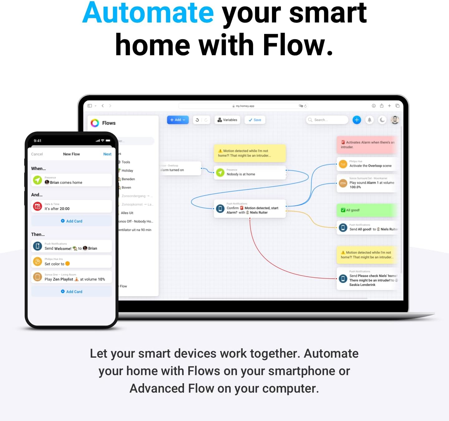 A smartphone and laptop displaying the Homey Flow interface, showing a visual representation of automation routines with 'When', 'And', and 'Then' conditions.