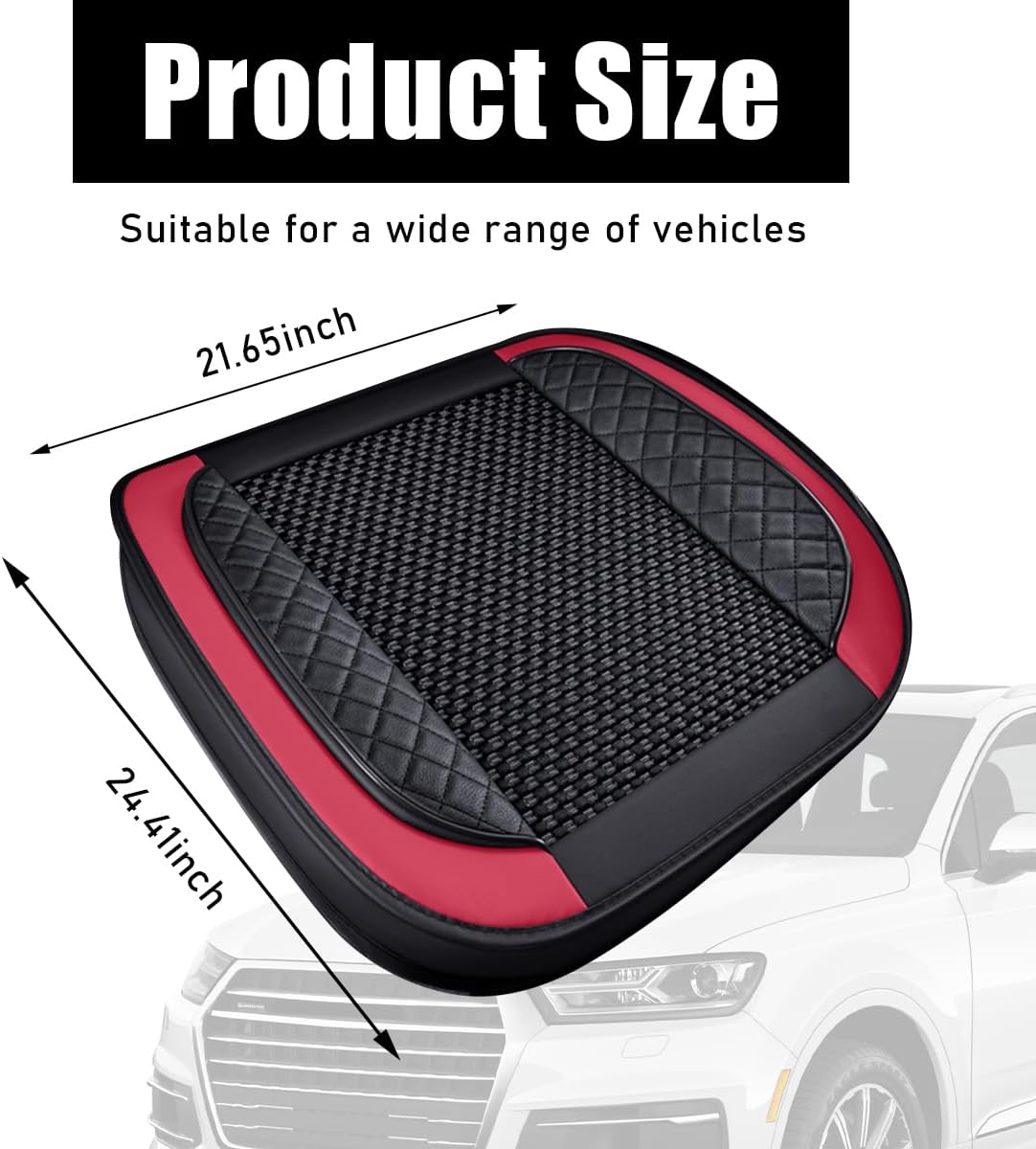 Ziciner Car Seat Bottom Cover Pad, 24.4"×21.7" Leather Vehicle Seat Protector Mat with Pocket, Auto Front Seat Button Cushion Pad, Universal Interior Decor Car Accessories (Knitting, Black+Red)