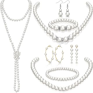 8 Pieces Pearl Jewelry Set 1920s Costume Jewelry Pearl Necklaces for Women Pearl Hoop Earring Earrings Gold Pearl Bracelet for Women Bridesmaid Jewelry Set for Wedding Birthday 20s Party New Year 2023
