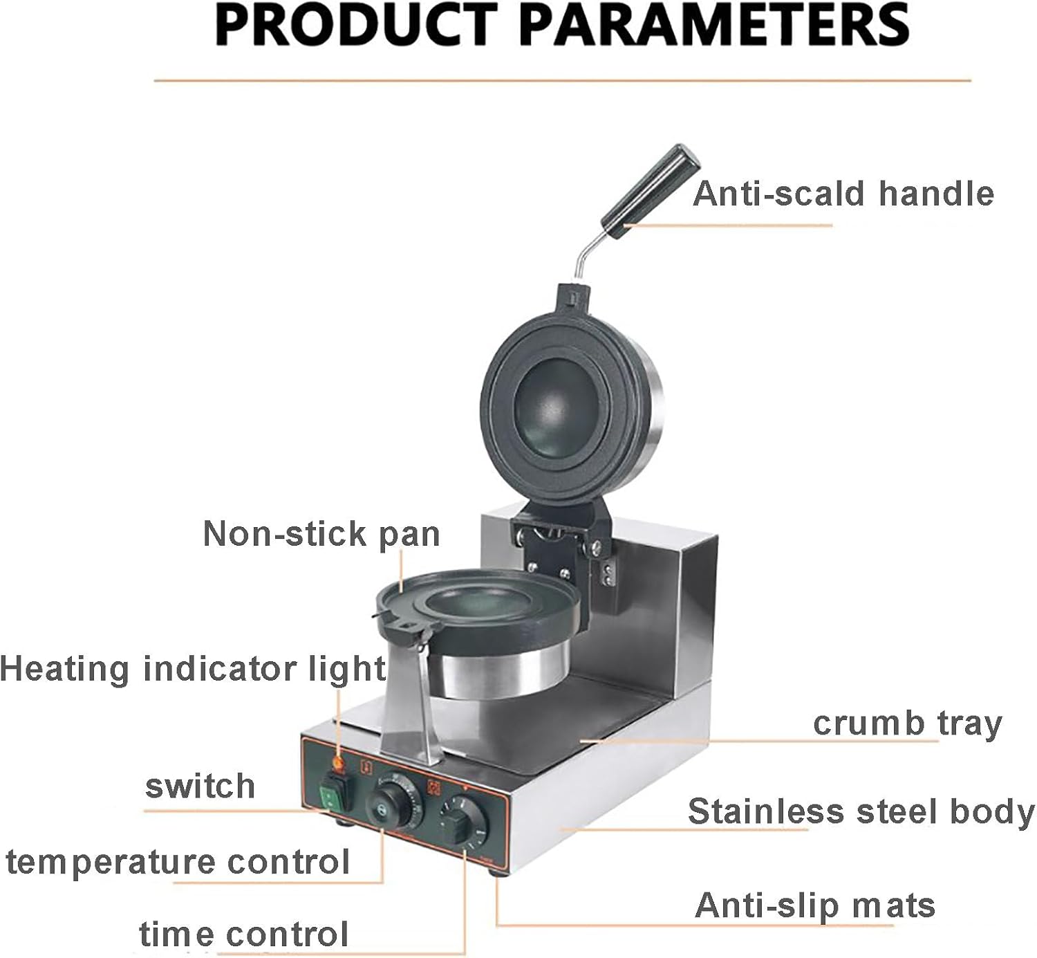 Waffle Maker Commercial Burger Waffle Maker, 1200W Stainless Steel Electric Waffle Machine, Cooking Plate Can Be Rotated 180°, with Crumb Tray, 0-250℃ Temperature Control, for Use
