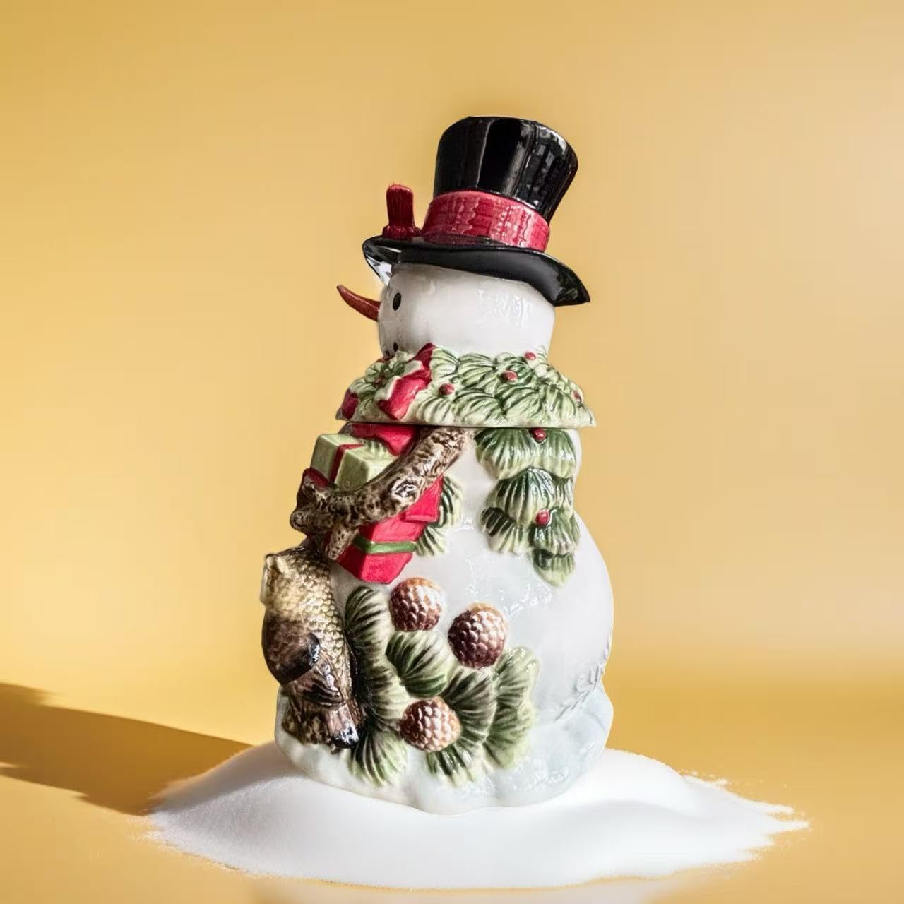 Ceramic Snowman Cookie Jar, 12 Inch Christmas Storage Container, Holiday Kitchen Decor with Pine Cones and Cardinals