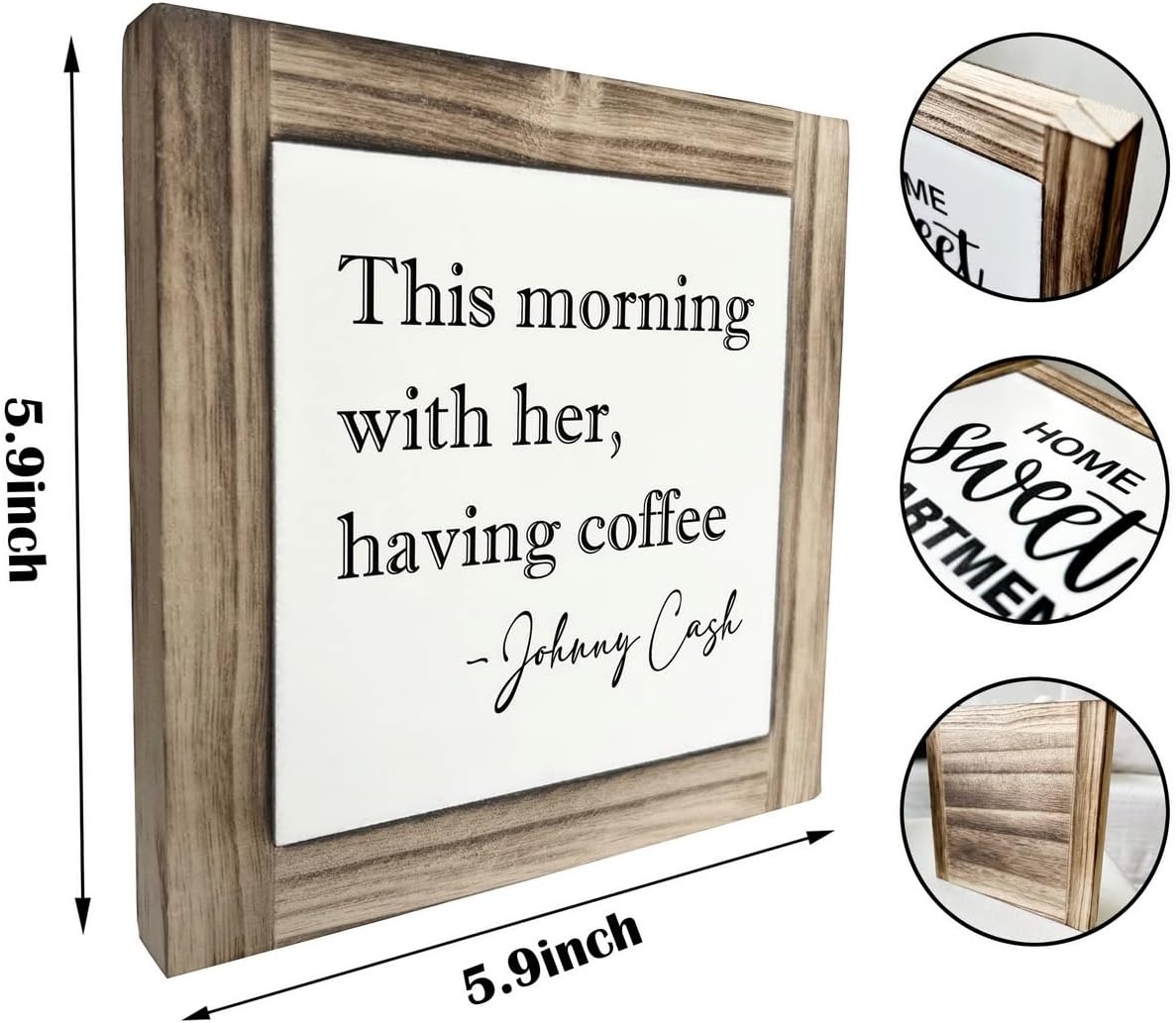 XJCUG Coffee Wood Plaque Sign, 'This Morning With Her, Having Coffee', 5.9x5.9x0.7in, Pine Wood, Rectangular, Tabletop, Decorative Sign image 2