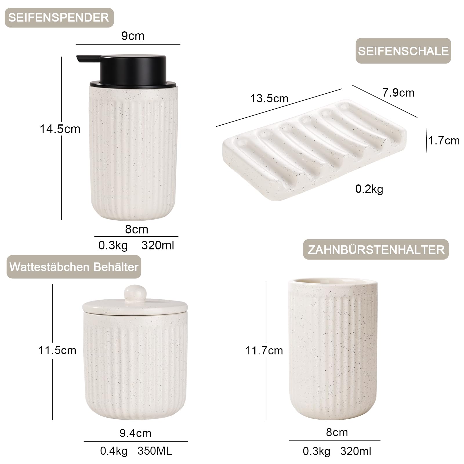Badezimmer Set Beige UMLACA Bad Zubehör Keramik 4-Teiliges Enthält 350ml Schaumseifenspender,Zahnputzbecher,Seifenschale,Wattestäbchen Behälter,Edle Badezimmer Deko