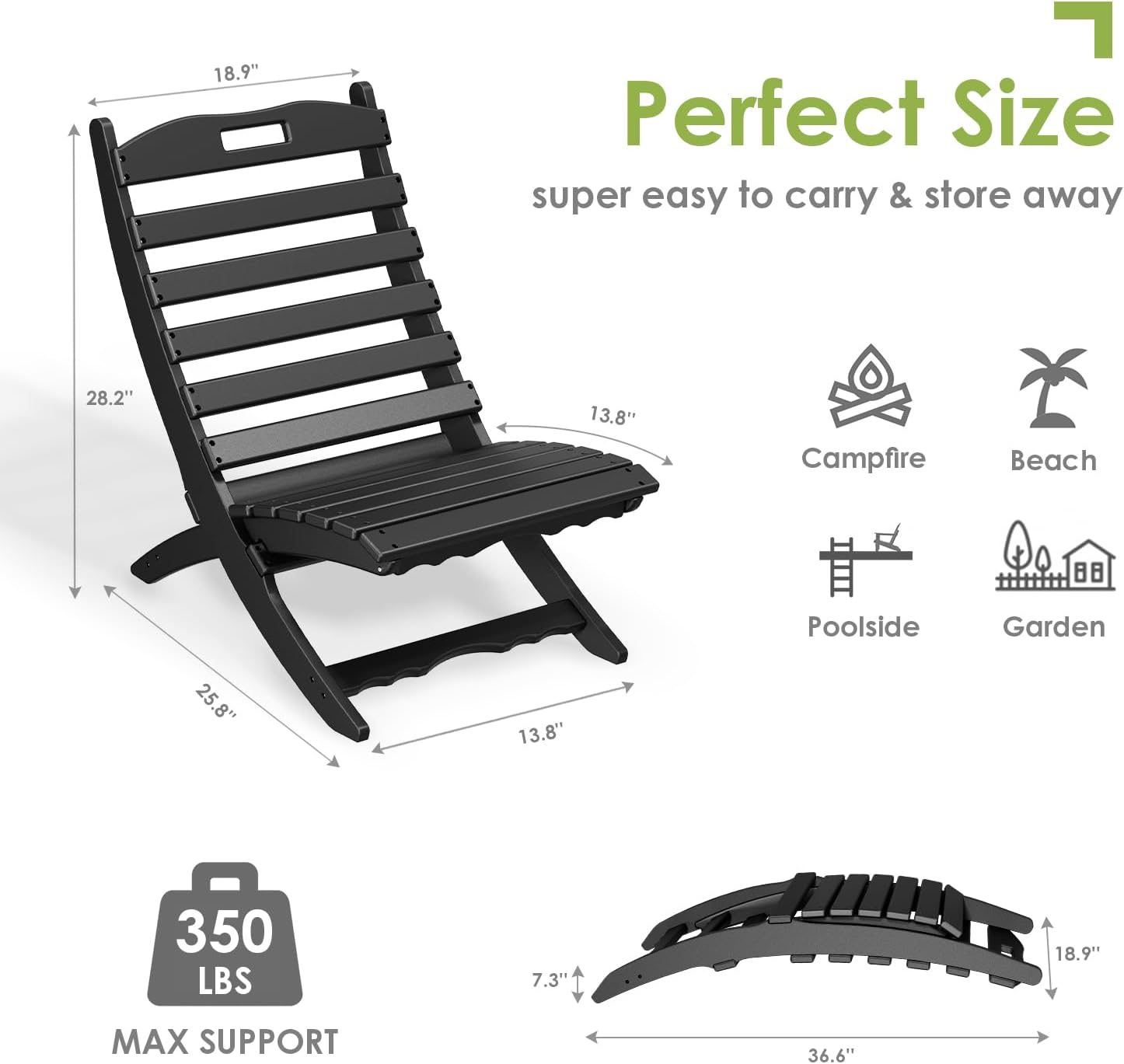 GREENVINES Folding-Xavier-Chair | Wave | Portable Adirondack-Chairs | HDPE Plastic | All Weather Fire-Pit Chair | Black | for Beach Outdoor Deck Poolside Garden Patio Porch Fishing
