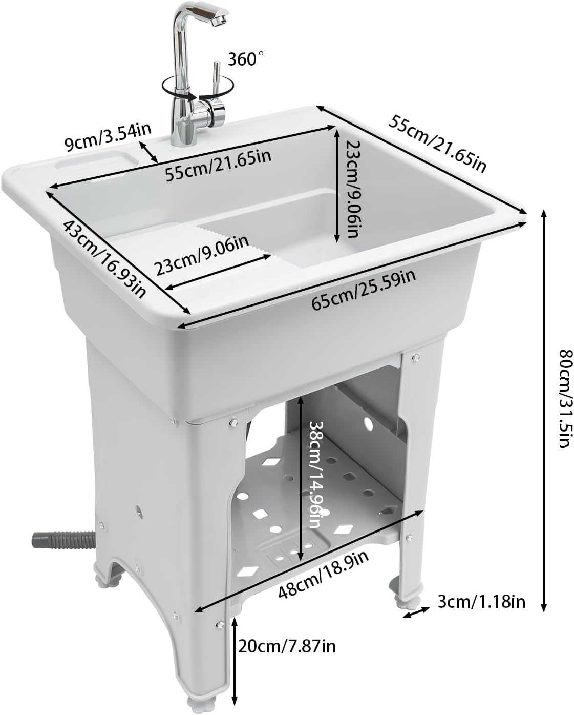 31.5in Height Freestanding Plastic Laundry Sink with Washboard,Outdoor Utility Sink Laundry Tub with Faucet,Hoses Drain Kit for Laundry Room and Garage (Grey, 25.6 * 21.65 * 31.5in(L*W*H))