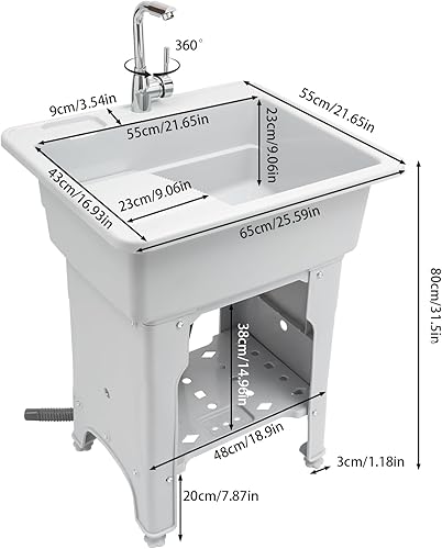 Miniatura 2 de Fregadero independiente de plástico para interiores y exteriores, fregadero de lavandería con tabla de lavar, estación de lavado con grifo giratorio