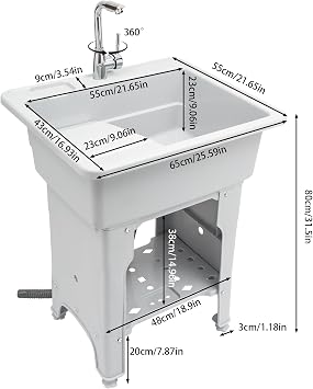 Utility Sink Laundry Tub with Pull Out Faucet,Compact Utility Sink Slop Sink,Space Saving Laundry Tub,Large Free Standing Wash Station Tubs for Washing Room (9.06in Grey)