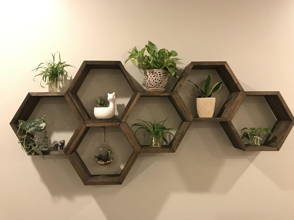 Brown Wooden Wall Shelves Set of 6 Hexagon Honeycomb Floating Shelf for Living Room and Office Decorative Wall Mounted Display Storage Unit