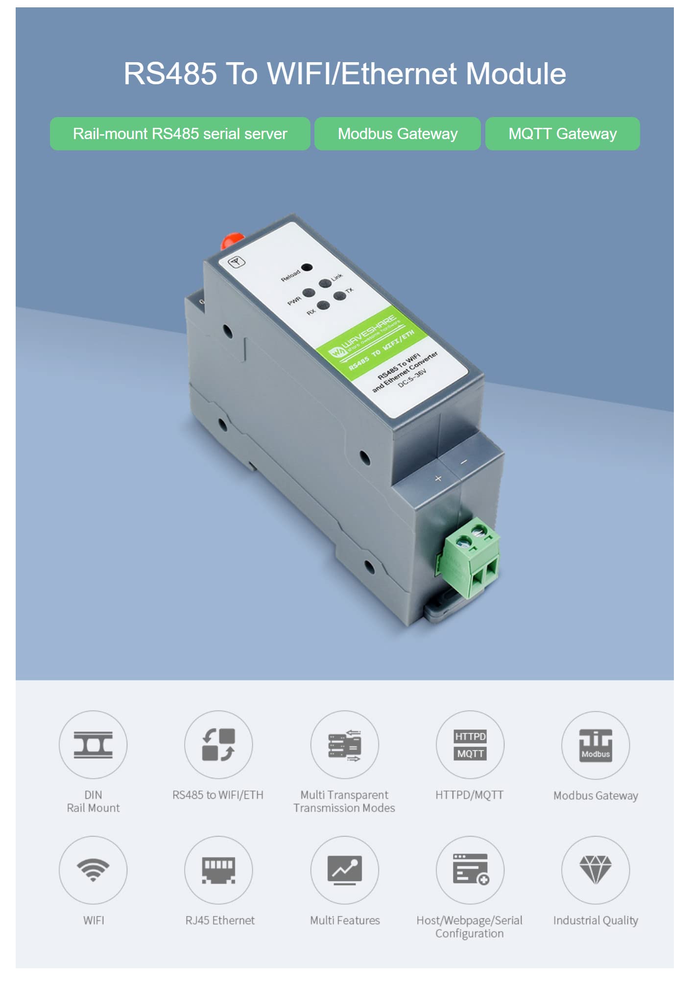 RS485 to WiFi/Ethernet Converter Module Rail-Mount Serial Server Modbus MQTT Gateway