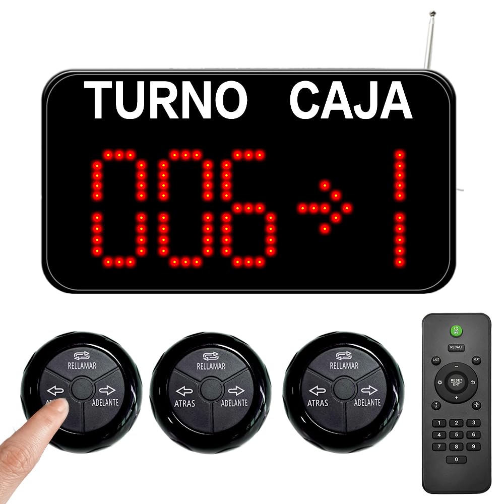 Pantalla de Su Turno(Llamada en Español) | 3 Dígitos, para Mostradores Múltiples, Botón de Llamada Gestión de Turno, Numero Turno | 1 Pantalla Su Turno+ 3 Botón de Llamada+1 Mando