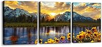 Pacimo 3-Piece Grand Teton Sunrise Canvas Wall Art - Mountain Landscape Sunflower Print, Framed 12x16 Panels for Living Room Bedroom Decor