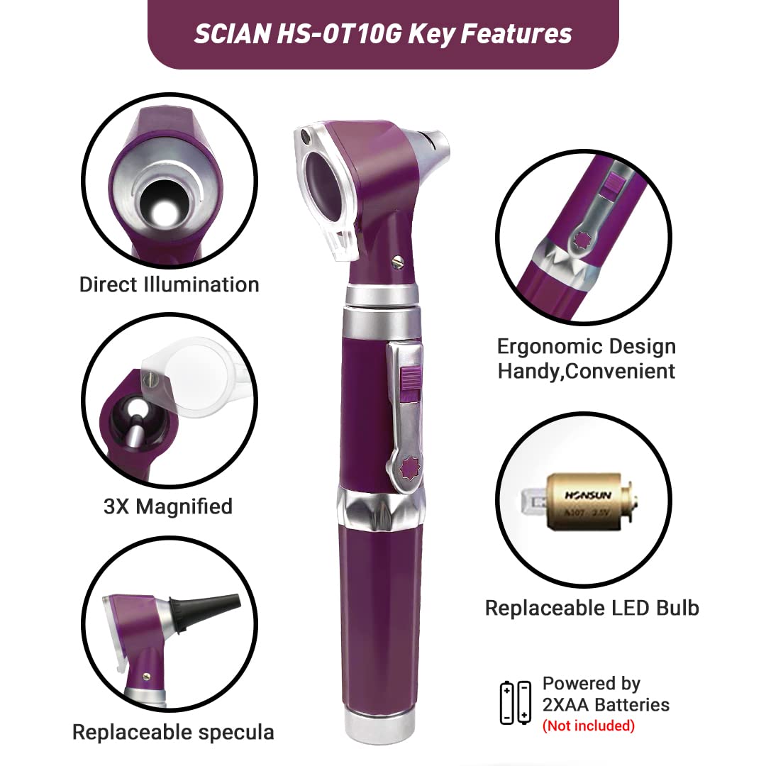 Scian Otoscopio Medico Profesional - Otoscopio Con Lámpara, 3 Magnificaciones, 4 Herramientas De Diagnóstico Para El Cuidado Del Oído Del Tamaño De La Lente, Caja De Plástico Duro (Púrpura)