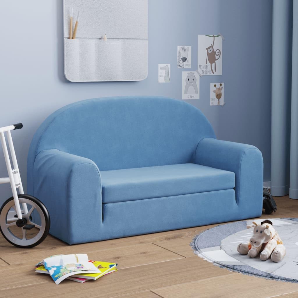 vidaXL Canapé-lit pour Enfants 2 Places, Lit de Jour avec Dossier et Accoudoirs, Lit d'Invité pour Tout-Petits Chambre Salon, Bleu Peluche Douce