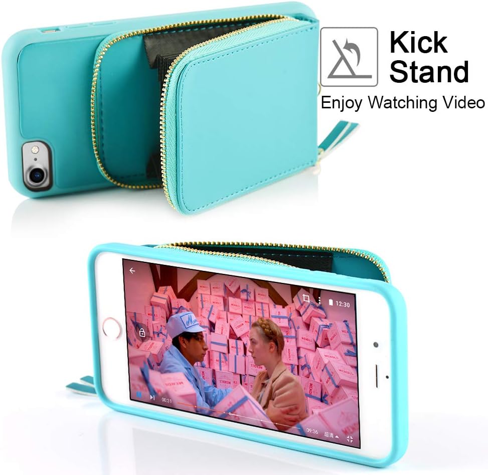 iPhone 8 Wallet Case, JLFCH iPhone 7 Wallet Zipper Case with Credit Card Slot Card Holder Crossbody Strap Purse Mini Handbag Leather Back Protective Case for iPhone 8/7, 4.7 inch - Mint Blue