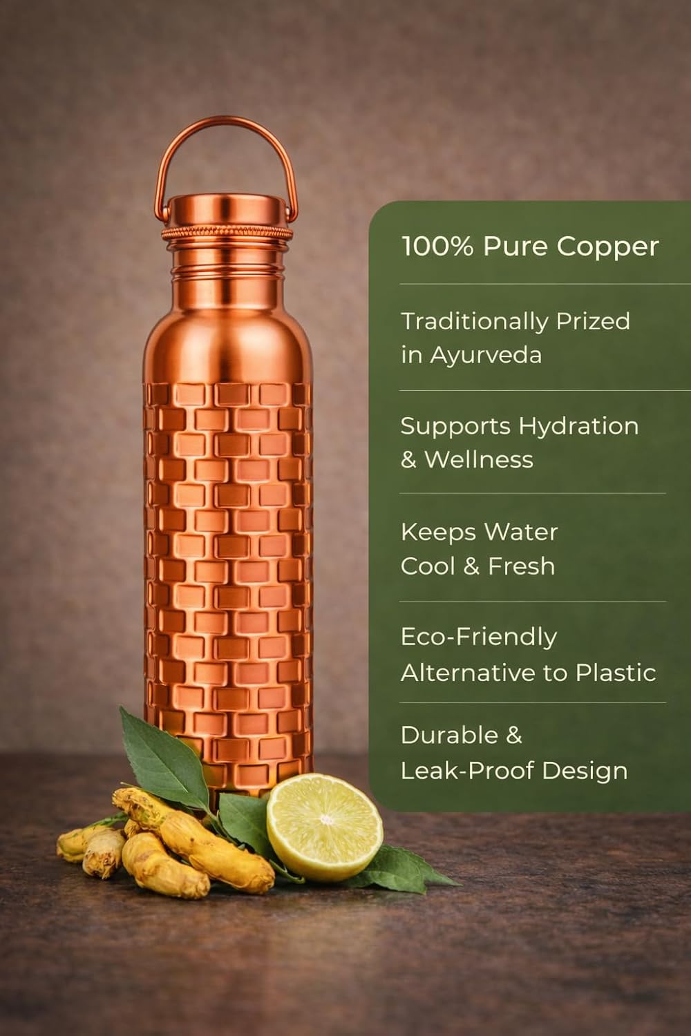 Premium Pure Copper Water Bottle – 32oz Brick Finish – Leak-Proof Ayurvedic Copper Vessel for Daily Hydration – Handcrafted & Eco-Friendly