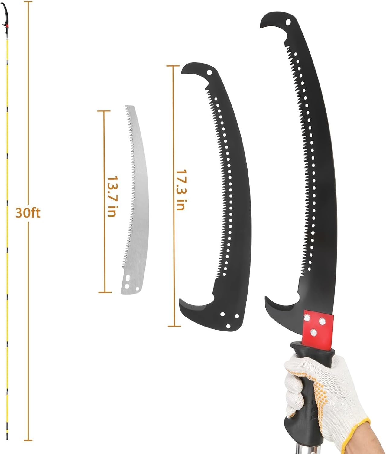 30 foot yellow manual trimmer pole saw spiral splicing with portable bag fiberglass pole tool