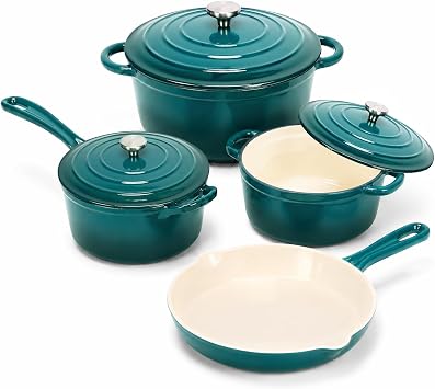 4-Piece Enameled Cast Iron Cookware Set, Skillet & Dutch Ovens, Teal