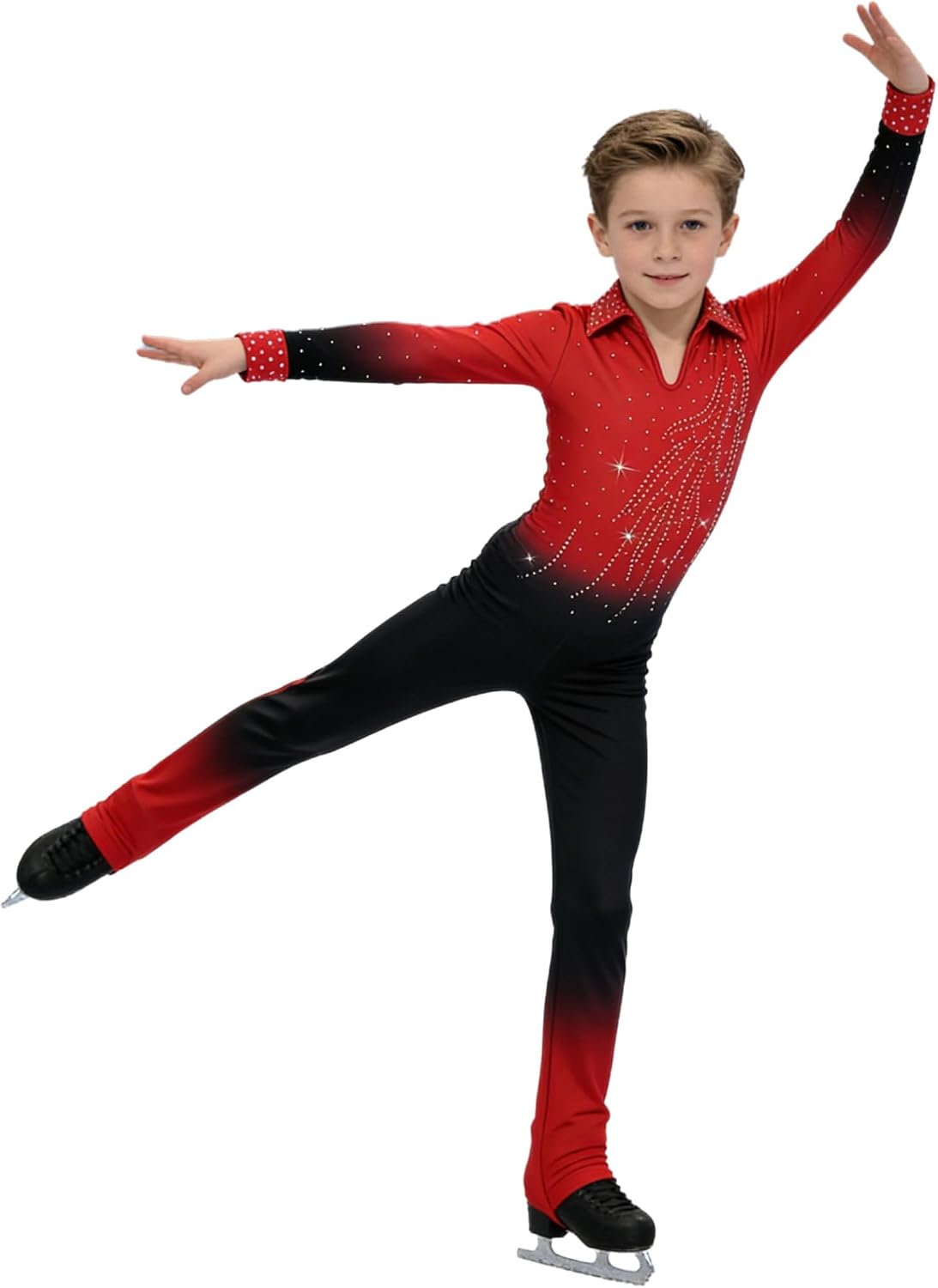Kids Boys Gradient Figure Skating Jumpsuit Full Body Unitard Rhinestone Dance Leotard One Piece Bodysuit