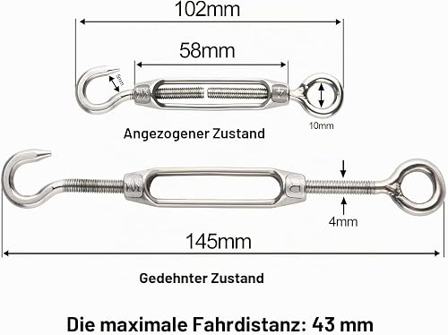 FEPITO 10Pcs Spannschloss-Drahtspanner 304 Haken und Ösenverstellbares Spannschloss M4 Edelstahlspanner-Set für hohe Beanspruchung - 3