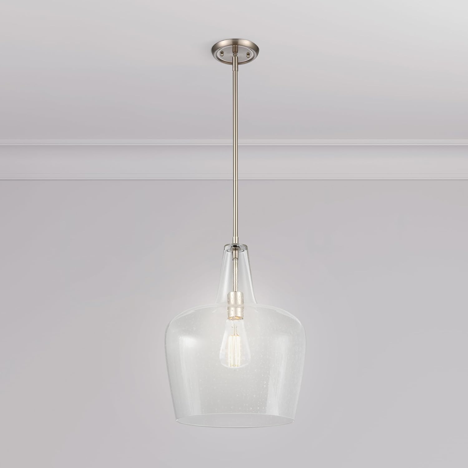 ML Lighting | Puckette Collection | 99401-BN | Indoor 1 Light Metal Pendant in Brushed Nickel with Clear Seeded Glass Shade | Kitchens, Dining Rooms, Living Rooms, Entryways, Hallways