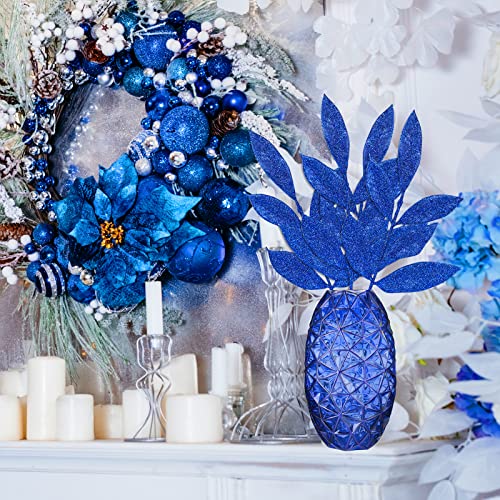Winlyn 20 Pcs Blue Glitter Bay Leaf Sprays Artificial Christmas Tree Picks Sprays 12.7" Tall For Blue Christmas Tree Wreath Swag Vase Floral Arrangement Winter Wedding Bouquet Centerpiece Decoration #TOP5