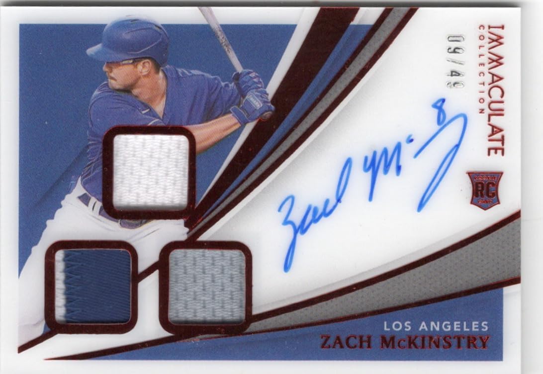 Zach McKinstry Serial Numbered #09/49 Autographed Red Parallel Triple Relic Jersey Memorabilia Game Used Rookie Card Immaculate Collection Special Insert Collectible Baseball Card - 2021 Panini Immacualte Collection Baseball Card #RTS-ZM (Dodgers)