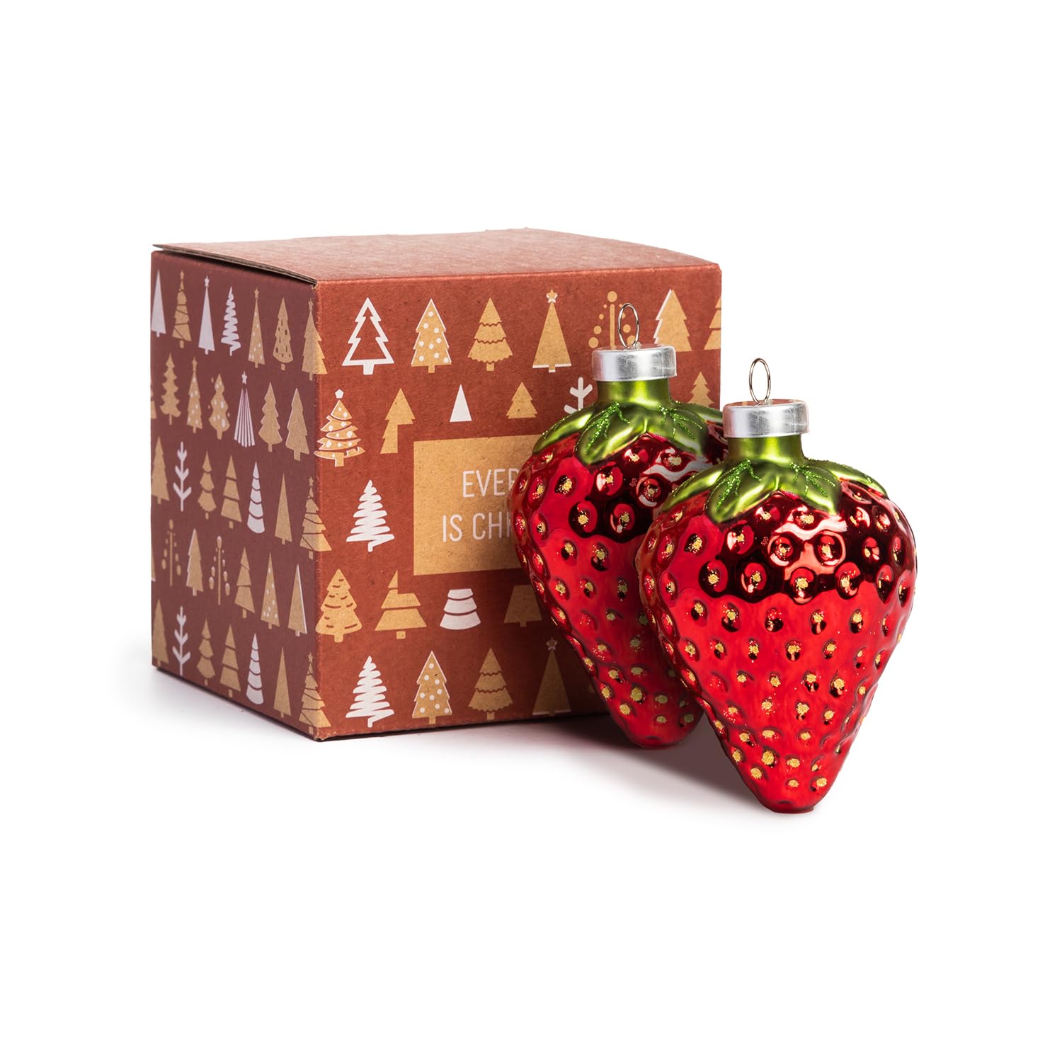 Every Day is Christmas Glass Blown Ornaments Cute Hand Made Figurines Tree Decoration, Set of 2 Strawberry